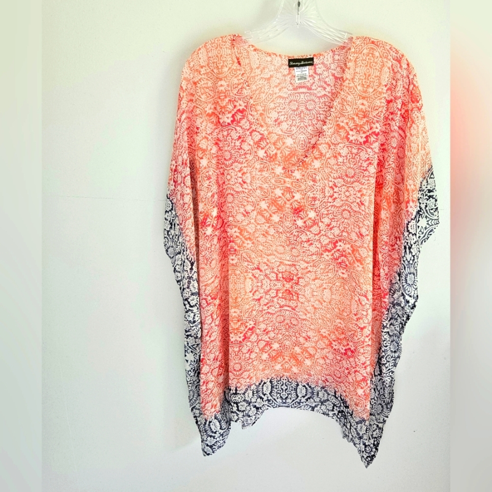 Tommy Bahama Coral and White Patterned Kaftan Swim Coverup